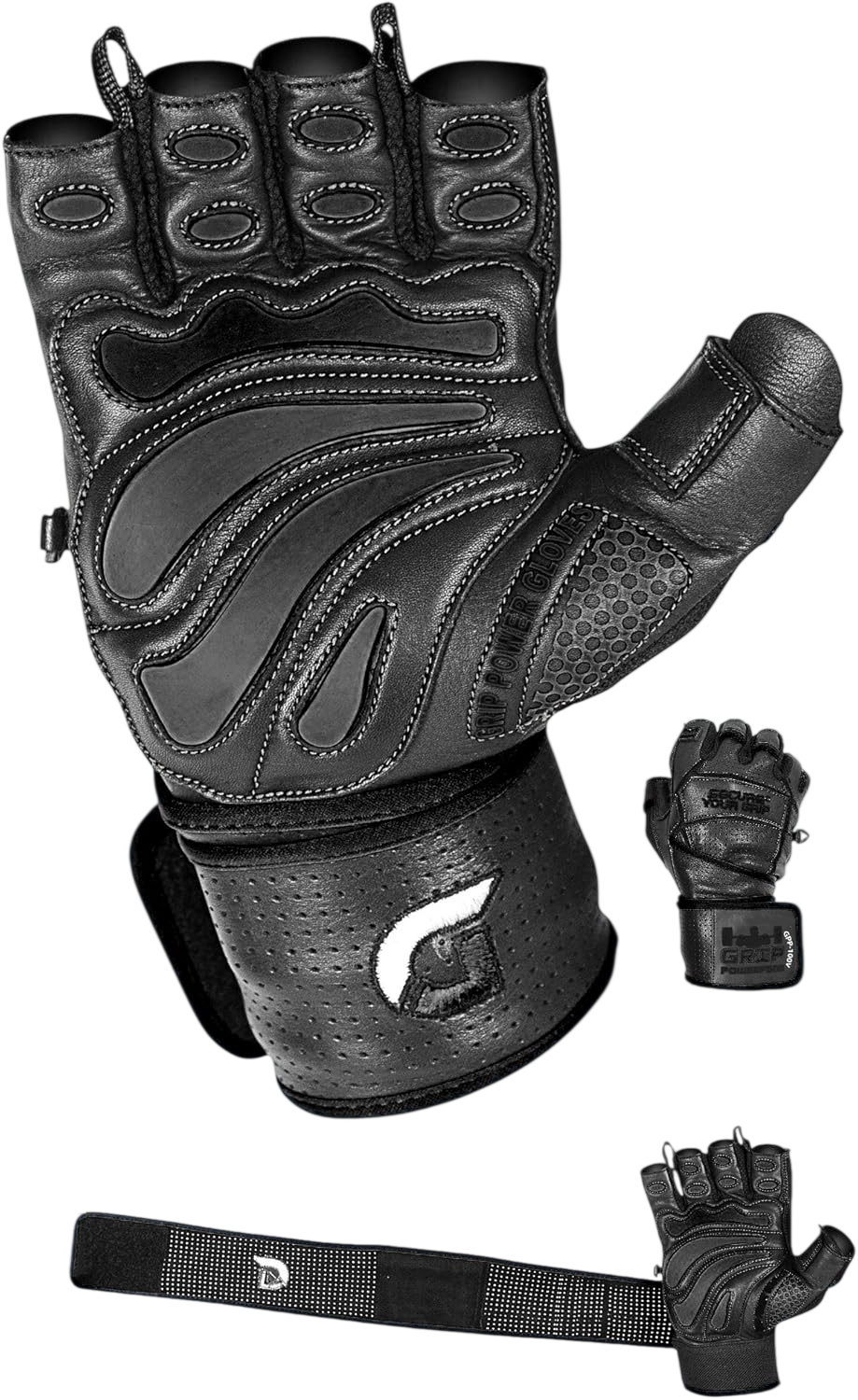 Elite Leather Gym Gloves with Built in 2" Wide Wrist Wraps by Grip power pads